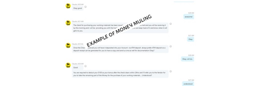 Screenshot of chats discussing fraudulent money transfers